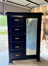 6ft Armoire. Black Wood. One Door Mirrored, 5 Drawer. Refinished..
