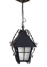 Suspension Lanterne Ancienne en Fer Forgé & Verre Lustre vers 1960