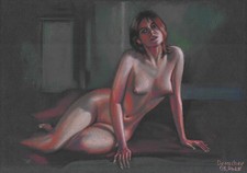 nude woman on the floor, original drawing A3 pastel realism erotic art