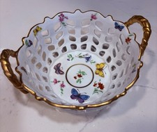 RARE LIMOGES PORCELAIN WOVEN BASKET HANDPAINTED GOLD RIM HANDLE FRANCE