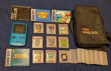 Gameboy Color Teal And 9 Games, carrying case,  TESTED