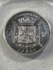 1887 Belgium 1 Francs Silver Coin Graded AU 58 Details Cleaned by ANACS