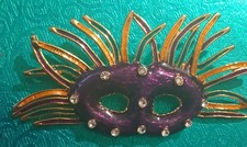 Masquerade Mask White  Rhinestone Purple Muiltcolor  Gold tone Brooch