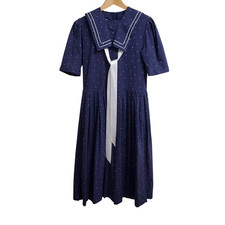 Laura Ashley Vintage 80's Midi Sailor Dress 10 Navy Polka Dot Short Sleeve