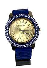 bebe Women's Watch Gold Dial Crystal's On Blue Bezel Silicone Band - New Battery