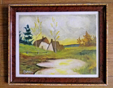Ancien tableau encadré paysage de campagne signé P. Wagner
