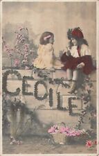 CP FIRST NAME CECILE ON WALL 2 LITTLE GIRLS BASKET FLOWERS
