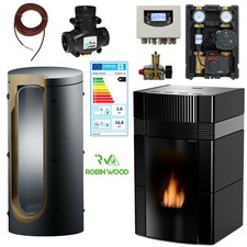 Woody Cheminée à Eau Poêle à Pellets Ensemble Complet 18 Kw Céramique Noir Poêle