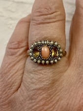 CORAIL ROSE , CITRINE, PERLE FINE, ARGENT TRILOGIE BELLE BAGUE ANCIENNE