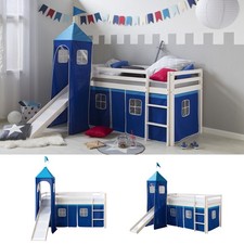 Lit mezzanine enfant 90×200 cm toboggan bois blanc rideau tour bleu Homestyle4u