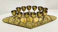 Ancien Service Plateau De 12 Verres À Liqueur En Laiton Et Cuivre Vintage.