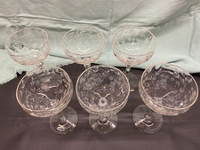 6 Vintage Crystal Champagne Coupe Etched Floral Sherbet Cocktail Glasses