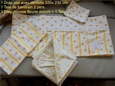 PARURE DE LIT DRAP PLAT FLEURIE JAUNE NEUF+ DENTELLE + DRAP HOUSSE , 2 PERS