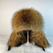 Men's Real Raccoon Fur Hat Russian Ushanka Trapper Hat Real Leather Warm Ski Cap