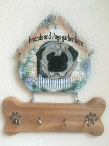 Pug key leash rack wooden - pug, key/leash