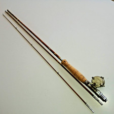 ancienne canne à mouche en bambou refendu trois brins 2m65 moulinet Défiance n°2