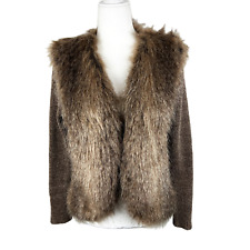 La Seine Sweater Women Small Brown Ribbed Knit Faux Fur Trim Open Front Casual