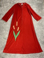 Vtg 70s Smart Time House Dress Large Red Robe Long Sleeve Granny Cottage
