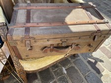 Ancienne Petite Malle De Voyage Bois Cuir Tissu soirée  1900