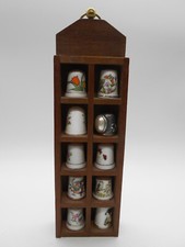 LOT OF 10 PORCELAIN / SILVER METAL SEWING THIMBLE WITH WOODEN SHELF DISPLAY CASE