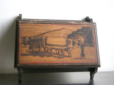 Wood pyrographic box Basque Country St Floutier decor peasant cart beef old