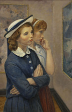 Reproduction, grand format,  "Girls at the exhibition",  Leon Kroll  /  20x30 cm