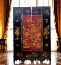 GRAND PARAVENT CHINOIS CANTON  FIN 18e DEBUT 19e EN LAQUE ROUGE ET NOIR ET OR
