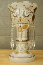 Antique Victorian Opaline Glass Mantle Lustre Crystal Prism Gold Floral Pattern
