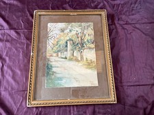 Aquarelle ancienne ruelle bordée de murs, signée O. Brisson