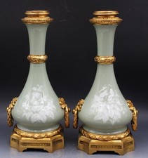 Pr 19C Maison Gagneau Pate Sur Pate Celadon Porcelain & Gilt Bronze Oil Lamps
