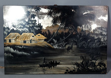 Vietnam ancienne peinture laque feuilles d' argent sur panneau bois, signée C798