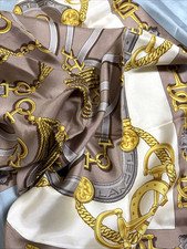 LANCEL Silk Scarf 34in Light Blue Gray Chain Motif Classic Luxury Style