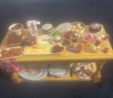 VTG DOLL HOUSE MINIATURE WOODEN DESSERT TABLE LOADED WITH GOODIES SIGNED !!