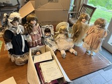 Porcelain Dolls 7 lot  Mann , Reco Luck, Dynasty Vintage 80’s Collection stands 