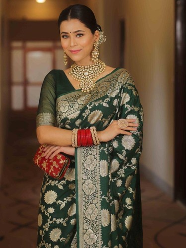 Saree soie verte - soie, avec