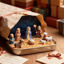 Mini crèche de Noël en boite étain pour bureau ou étagère déco vacances