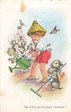 CP ILLUSTRATED SMALL GARDENER HAT STRAW WATERING CAN DOG RAT - STAINED 8484