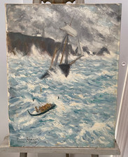 NAVY PAINTING SHIPWRECK SIGNED RANCHON BRUNET EARLY TWENTIETH OIL ON CANVAS