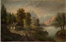 Ancien Tableau HST - Ecole Suisse - Paysage Animé Montagnes Signé Daté - 19ème
