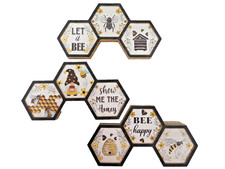 Bee Honeycomb Hexagon Table Decor Set of 3 Farmhouse Wood Greenbrier Bee Happy
