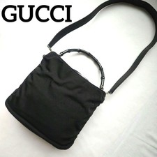 Gucci Bamboo Black Leather Nylon 2way Shoulder Bag Sacoche Vintage Authentic