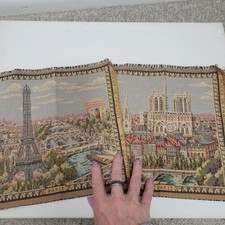 Pair Vintage French Gobelin Style Small Tapestries Paris Eiffel Tower Notre Dame