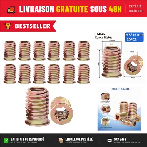 Insert fileté bois 15 mm - fileté, m8
