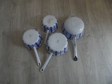 LOT OF 3 PANS + 1 strainer TOLE ENAMEL DECOR BLUE STRIPES 1900 FRANCE