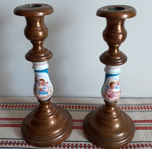 Paire bougeoirs anciens en - de,