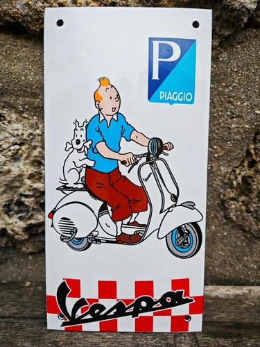Plaque émaillée tintin vespa - plaque,