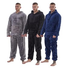 Mens Fleece Flannel Pyjama Set Hooded Warm Winter Loungewear M to XXL