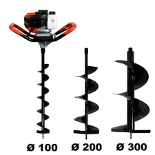 Tarière thermique 52 cm3, 3 CV + lot de 3 mèches (100, 200 et 300 mm)