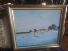 JOLI tableau  BORD MER BATEAUX PLAGE  huile sur toile beau cadre SUPERBE DECO 