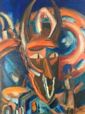 Very Beautiful Painting 1980 Oil On Canvas Mask Africa African Still Life